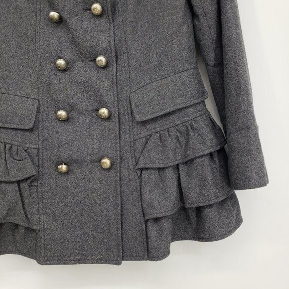 Goelia Double Breasted Coat M Tiered Ruffle Trim Collarless Charcoal Gray - Picture 5 of 7